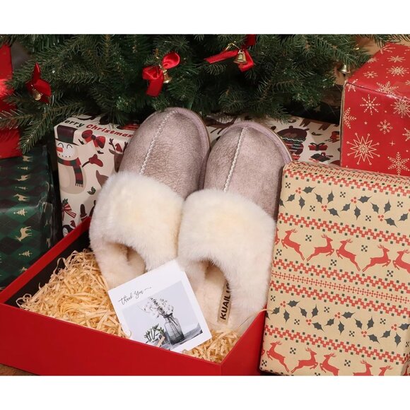 ⚡Women Beige Suede Fluff Dual Memory Foam Arch Support Warm Scuff Slipper - Picture 2 of 7